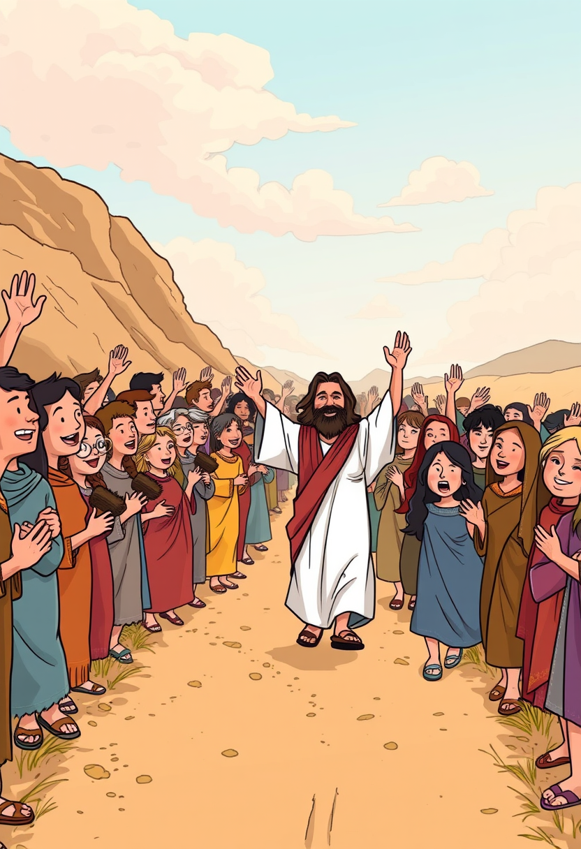 Depict a crowd of people joyfully following Jesus along a dusty road, with expressions of hope and excitement. Cartoon style, thick lines, low details, no shading. - Image