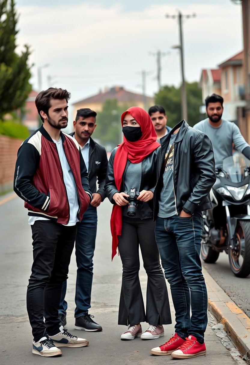 Jamie Dornan and Freddie Prinze, head and body shot, handsome, young, serious face, dark brown hair, white t-shirt, college jacket, skinny jeans, sneakers, standing, discussing with two guys and a short, slim Muslim girl in a red hijab, beautiful eyes, black face mask, black leather jacket, grey long t-shirt, bell-bottom cutting jeans, red sneakers, holding a DSLR Canon camera, near a town road, superbike, hyper-realistic, street photography, brick wall, full body photo, five other randomly smiling American friends in the background. - Image