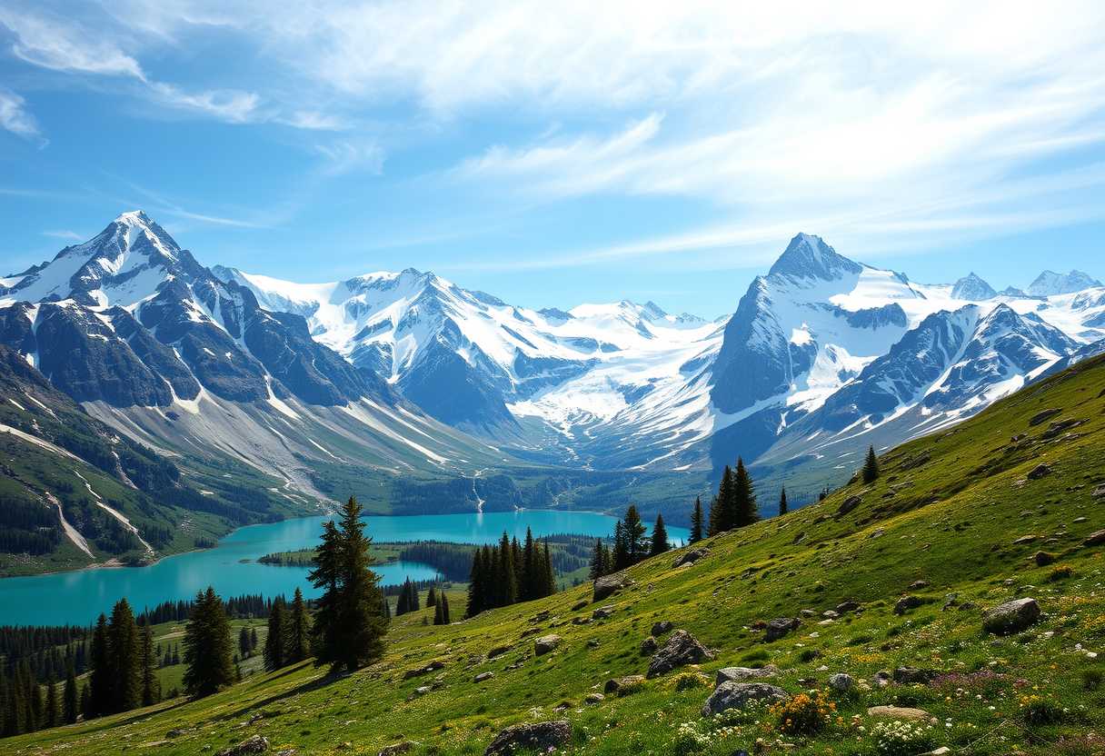 Majestic, snow-covered peaks, alpine meadows, serene, high quality, photorealistic, mountain range, crystal-clear lakes, untouched wilderness, panoramic, breathtaking, nature's beauty::0.8 mountaineering, hiking trails, wildflowers, mountaintop vistas, glaciers, fresh mountain air - Image