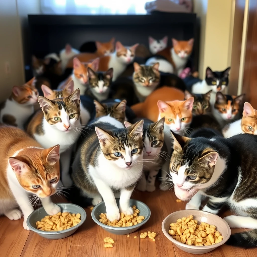 Many cats in the house eat food.