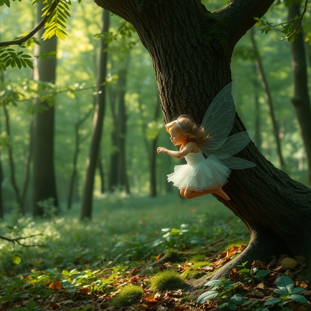 beautiful fairy flying through the forest, face-planting into a tree - Image