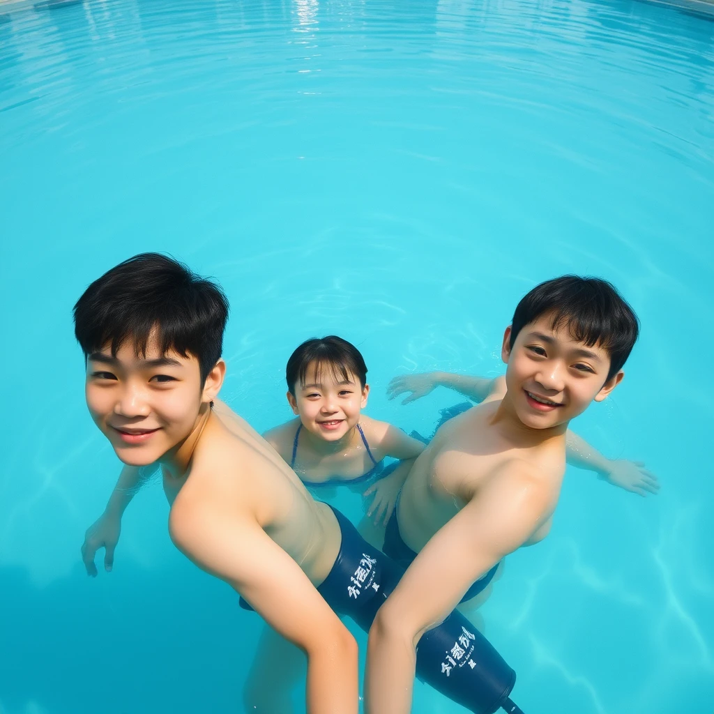 "Strange swimming pool, with three young people swimming in the pool, distant view. There are Chinese characters or Japanese."