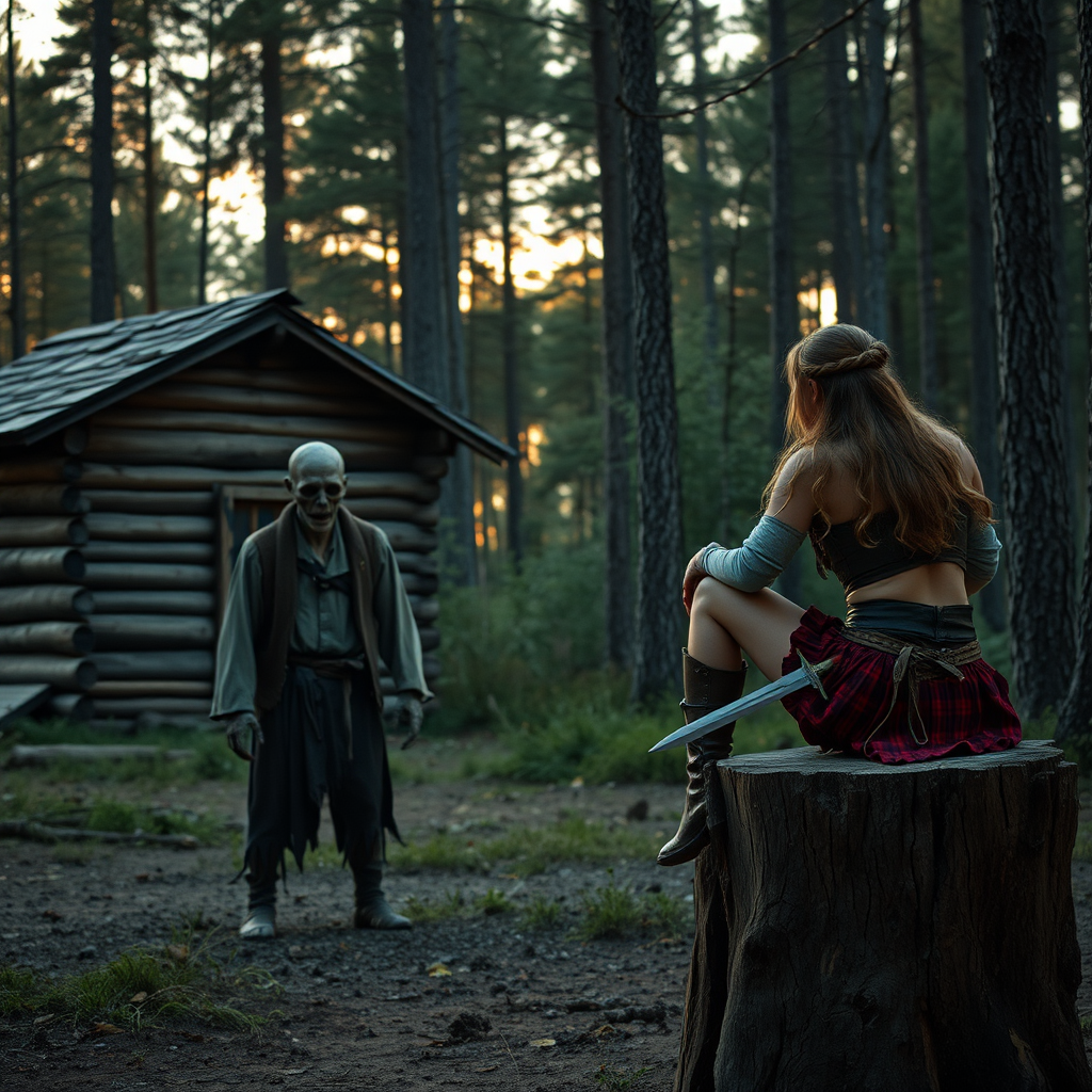 Real-life photography: In the evening, in the forest, there is a wooden cabin, and next to it, there is a dressed zombie. Not far away, a female barbarian is sitting on a wooden stump, holding a dagger and watching the zombie.