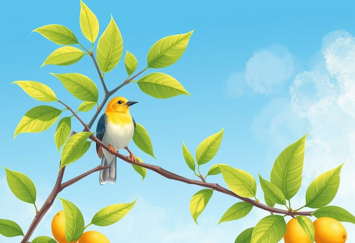 A bird on a lemon tree, illustration