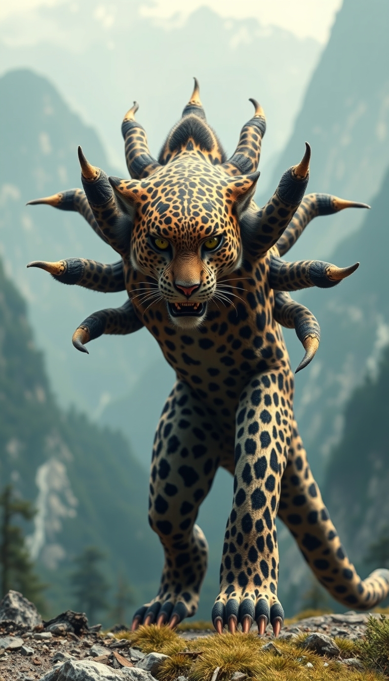 (Ultra realistic) a monster that has a wildcat's head, leopard body pattern, 5 lion's tails, China mountain background.