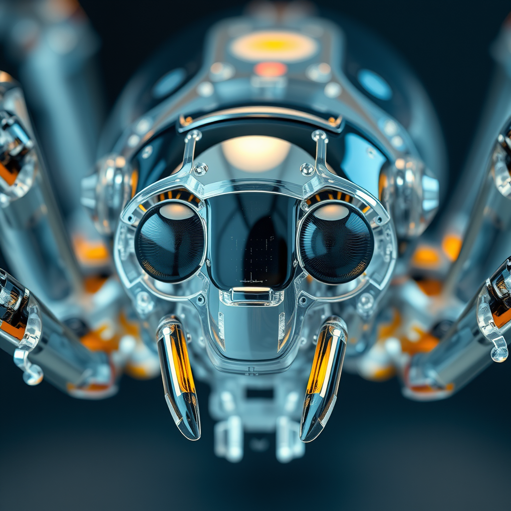 Robotic transparent spider, detailed reflection in eyes, close-up, 8k