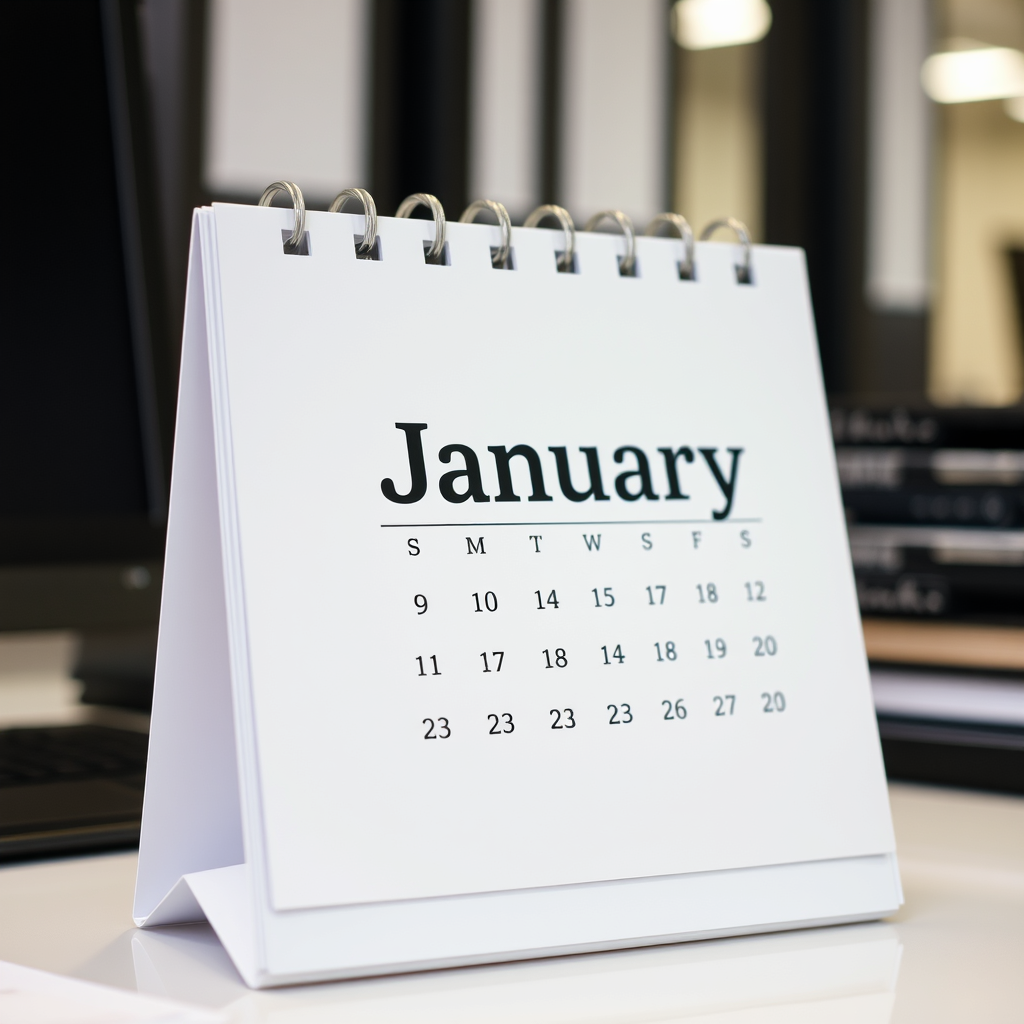 A photo of a desk calendar. The calendar is open to the month of January. The calendar is on a desk in an office.