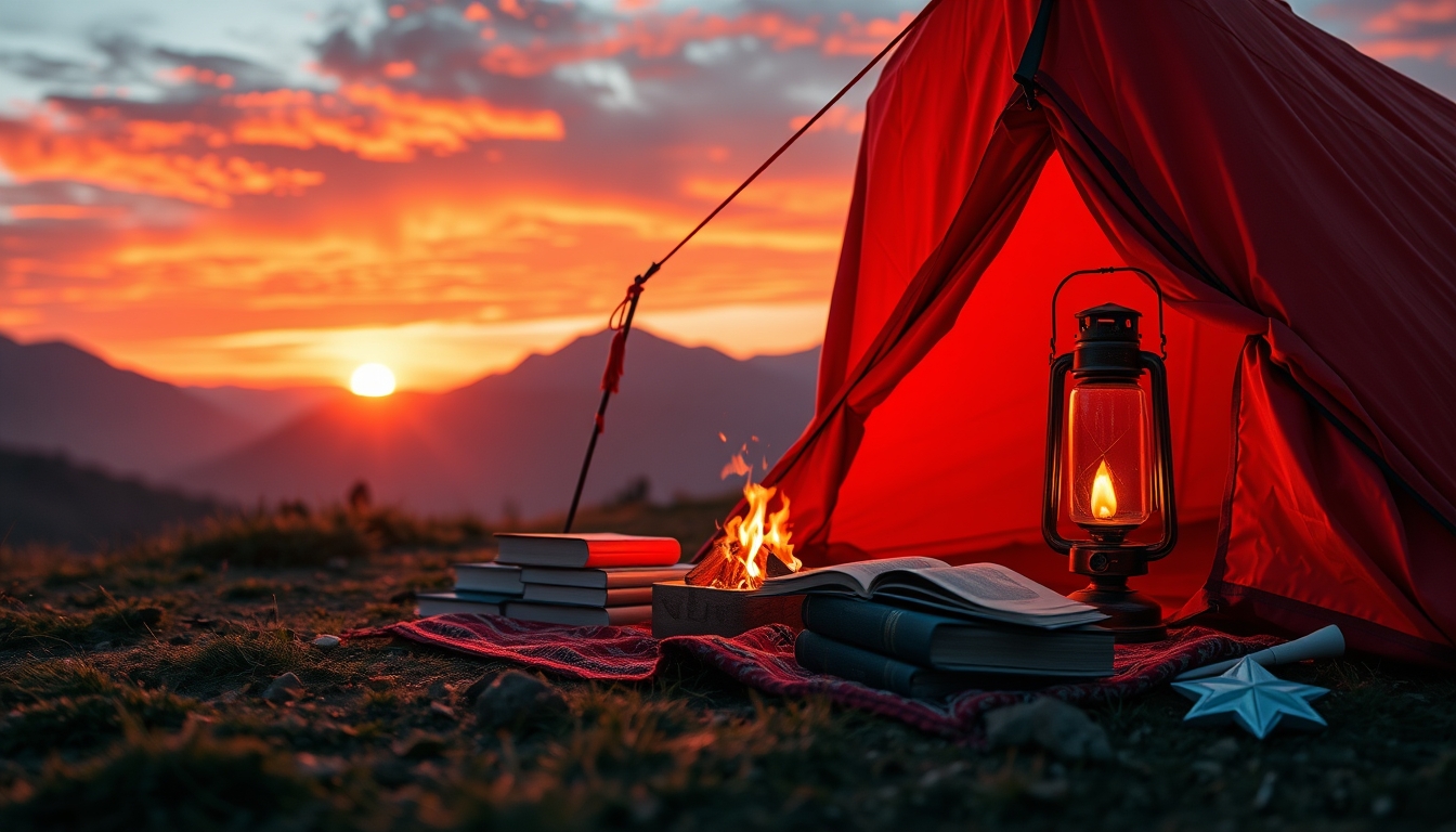 vibrant scene with red tent, books, lantern, and fire, set against backdrop mountains and warm sunset.