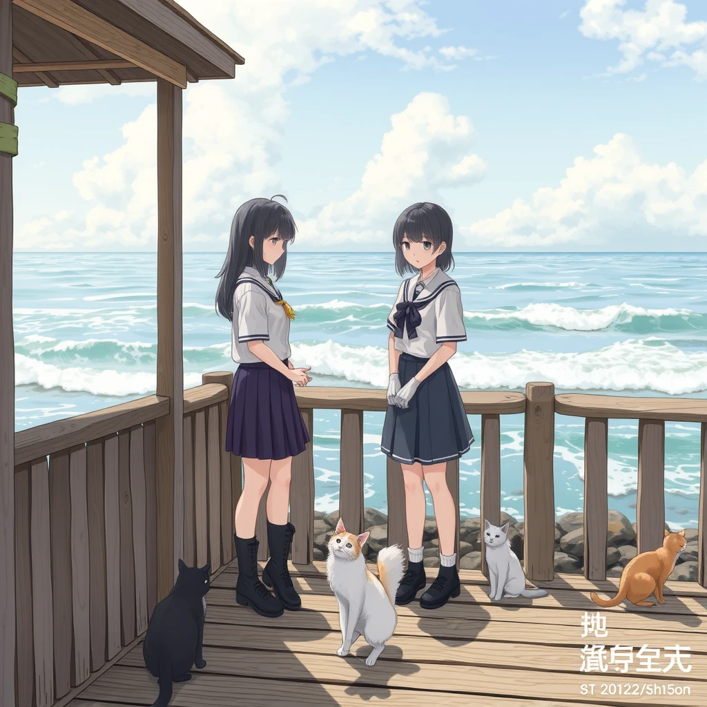 "At the seaside, there are wooden houses, female students in skirts, cats, and Chinese or Japanese characters."