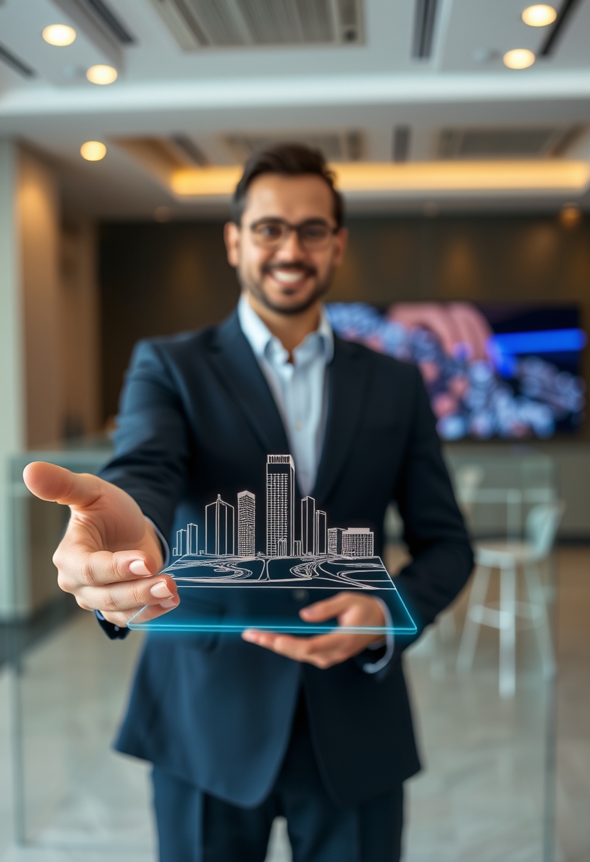 A Real Estate Agent Holding a Hologram with a City Model on the Screen