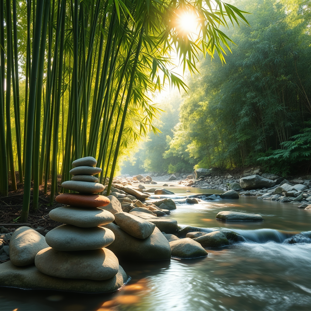 This photo depicts a peaceful natural scene with lush green bamboo trees, stacked pebbles, and a gently flowing stream. Sunlight filters through the foliage, creating a relaxing and serene atmosphere, like a meditative painting. - Image