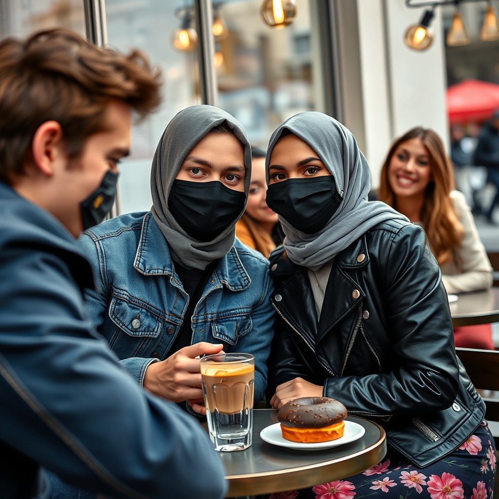 Jamie Dornan's head and body shot, handsome, young, black face mask, blue jeans jacket, jeans, dating a Muslim girl in a grey hijab with beautiful eyes, black face mask, black leather jacket, largest floral skirt, at a cafe, 2 cups of latte, muffin cake, chocolate donut on a table, with 3 other friends smiling in the background, photorealistic, hyper-realistic, street photography, selfie.