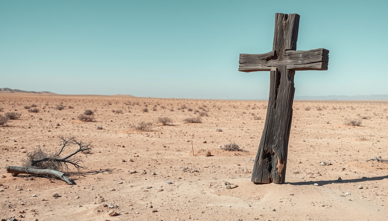 An old wooden cross in the middle of a barren desert. The cross is standing upright on the right side of the image. The cross is falling apart and is made of badly rotten dark wood and appears to be cracking and crumbling. The overall scene is desolate. - Image