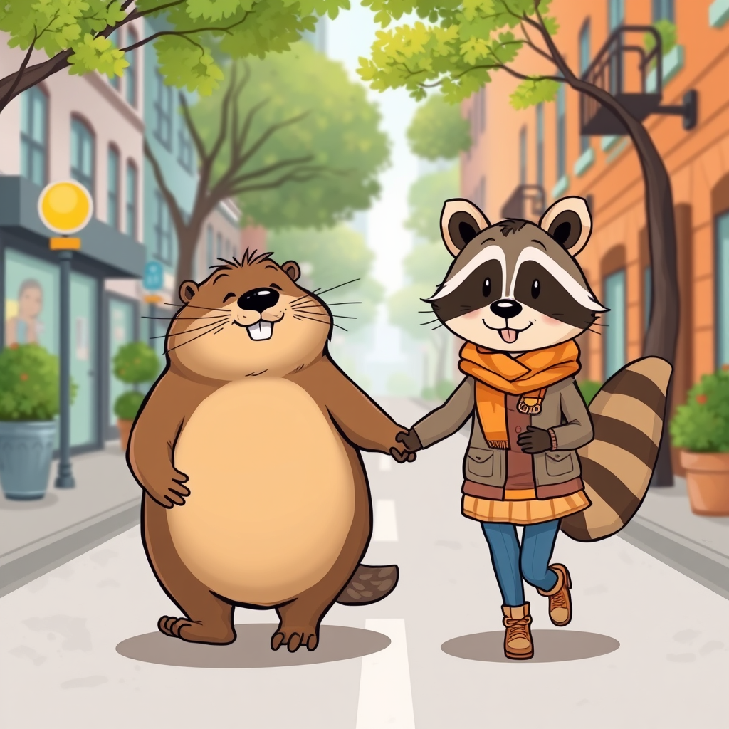 A fat beaver and a girl raccoon walk along a city street holding hands. illustration, cartoon style, joyful mood.