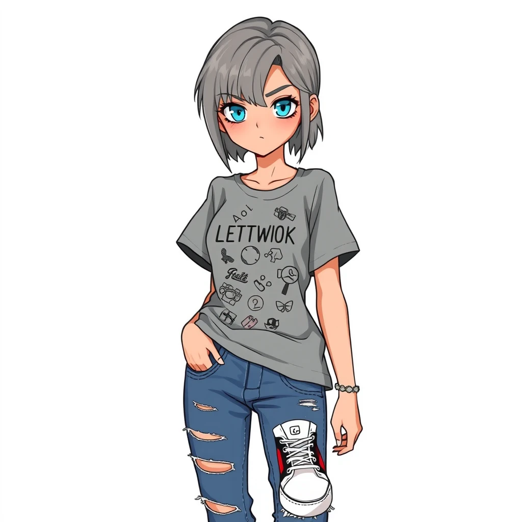 A teenage woman in a grey T-shirt with random symbols, torn jeans, and Gucci sneakers. Appearance: cool gray hair and large blue eyes, arrogant look. Anime.