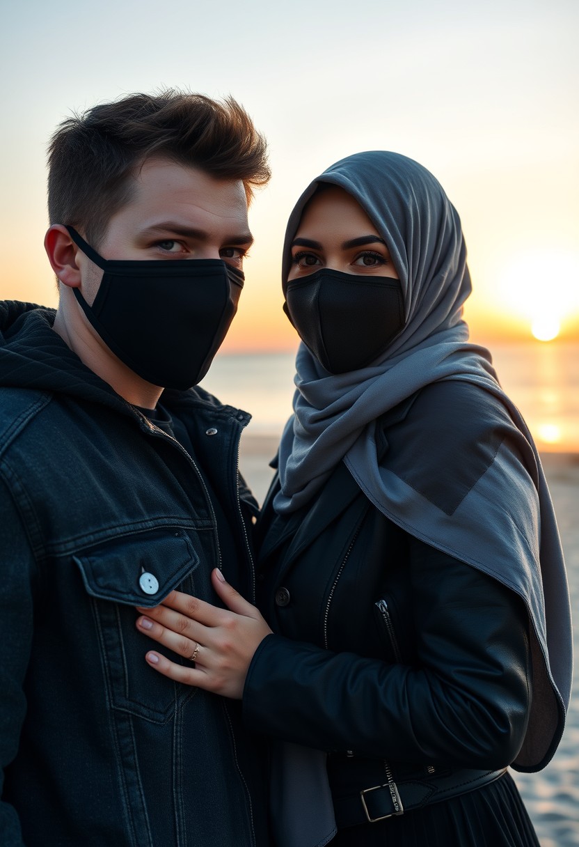 Jamie Dornan's head and body shot, handsome, face mask black, jeans jacket, jeans, dating, love couple, with the biggest grey hijab Muslim girl, face mask black, beautiful eyes, black leather jacket, biggest skirt, taking photo at the beach, camera DSLR Canon, sunrise, hyper-realistic, street photography. - Image