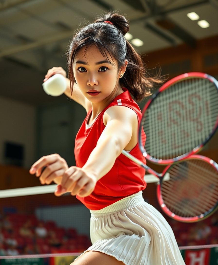 A detailed, realistic portrait of a young woman playing badminton in an indoor sports arena. The woman is wearing a bright red jersey and is mid-swing, her body in a dynamic, athletic pose as she focuses intently on the shuttlecock. The background is blurred, with glimpses of the court, net, and spectator stands visible. The lighting is natural and directional, creating shadows and highlights that accentuate the woman's features and muscular definition. The overall composition conveys a sense of energy, movement, and the intensity of the game. The image is highly detailed, with a photorealistic quality that captures the textures of the woman's clothing, skin, and the badminton equipment.
A woman with a beautiful face like a Japanese idol, she is wearing a white pleated skirt.

Badminton rackets and shuttlecocks with dynamic swings and motion blur. Depiction of the human body with a flawless personality. - Image