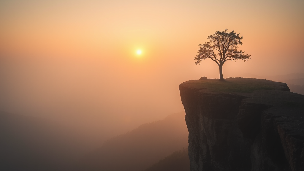 a lone tree on the edge of a cliff at sunrise in a foggy valley, by Ivan Grohar, a picture, art photography, misty mood, foggy landscape, dawn light, at sunrise, an amazing landscape image, award winning landscape photo - Image