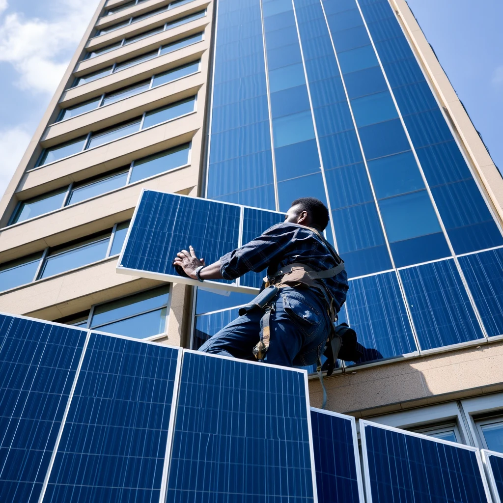 A black man mounting solar panels on a tall building.