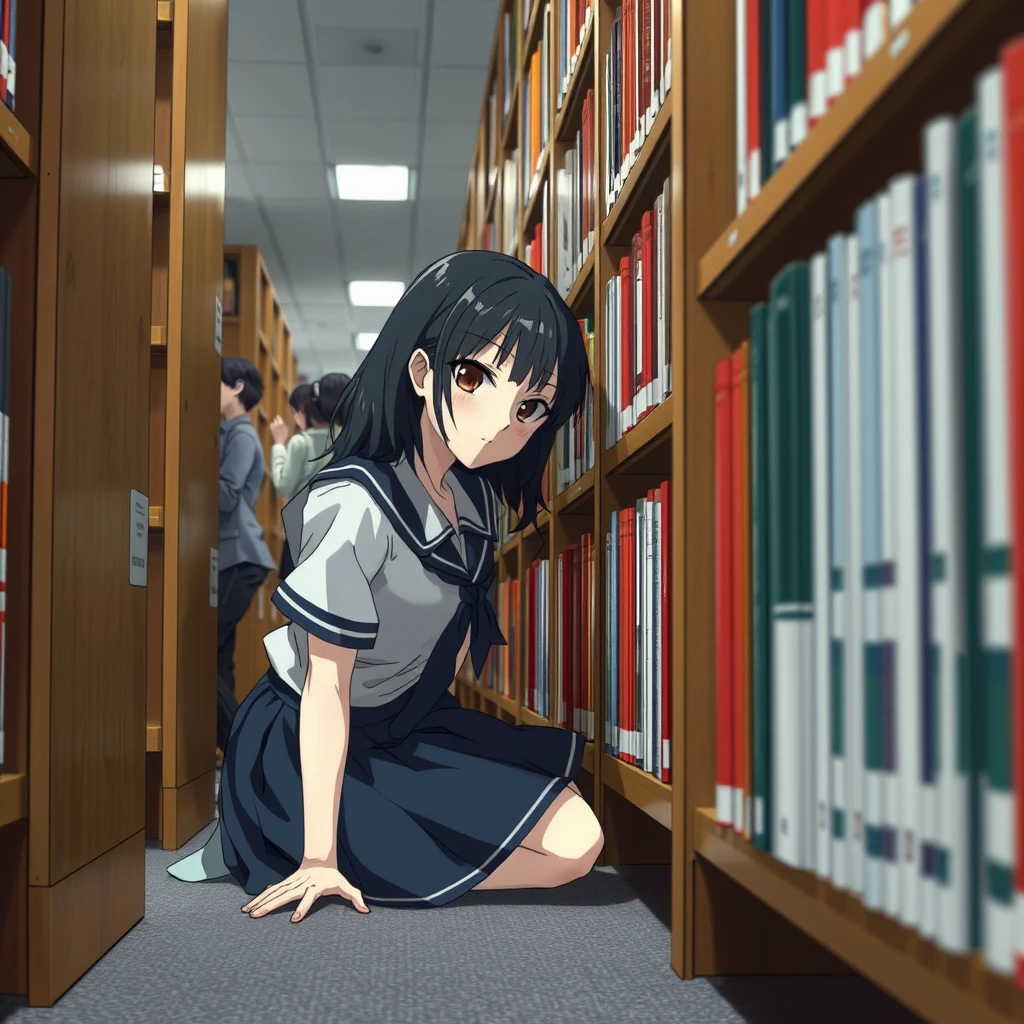 In the library, there is a Japanese female student wearing a school uniform skirt (with white skin) who is crawling on the floor, reaching her head into the bookshelf to look for books. There are many people in the library.