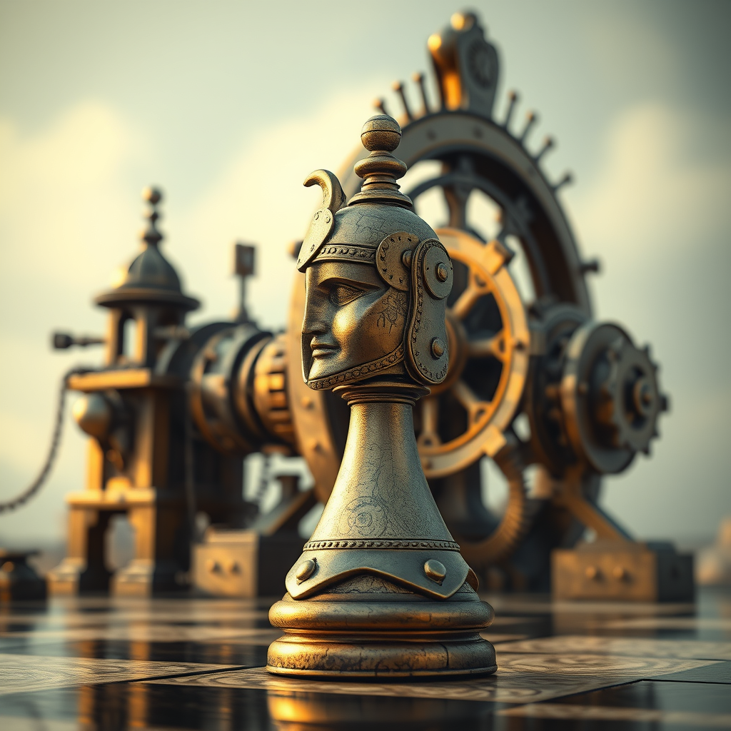 A knight chess piece connected to an ancient machine, art, realistic photo, 4k realistic photo.