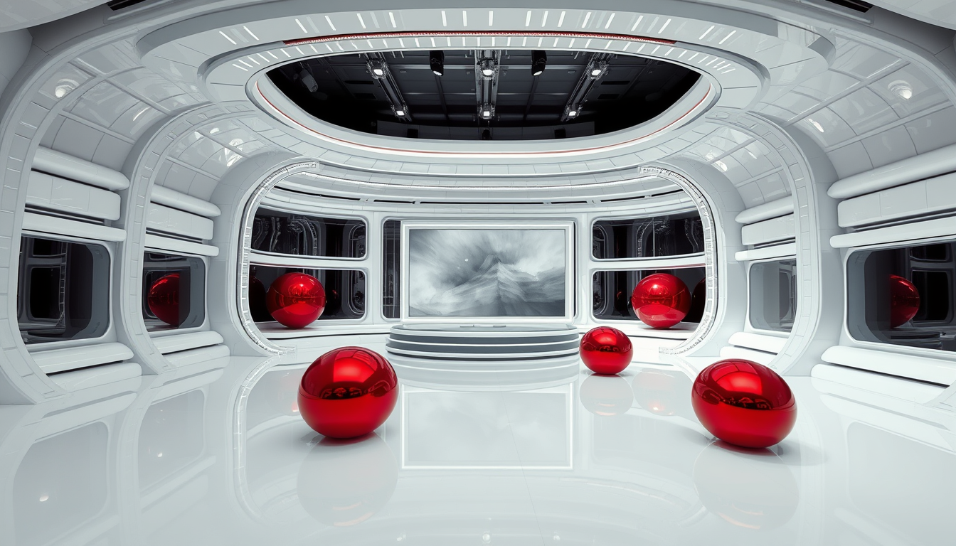 An eye-level, wide-angle shot of an empty fantasy, futuristic, and alien virtual TV studio that features horizontally and vertically curved structures covered in white metallic reflective material. There are no people in it, only a stage, a massive TV screen with white metallic frames, and many transparent glass partitions. In the background, there are a few spherical red objects with reflective, metallic surfaces that resemble large, smooth capsules. These objects are positioned on a sleek, ultra-white shiny floor that reflects their surfaces. The focus is on the sleek horizontally and vertically curved architecture covered in white metallic reflective material, the stage, and the TV stand. - Image