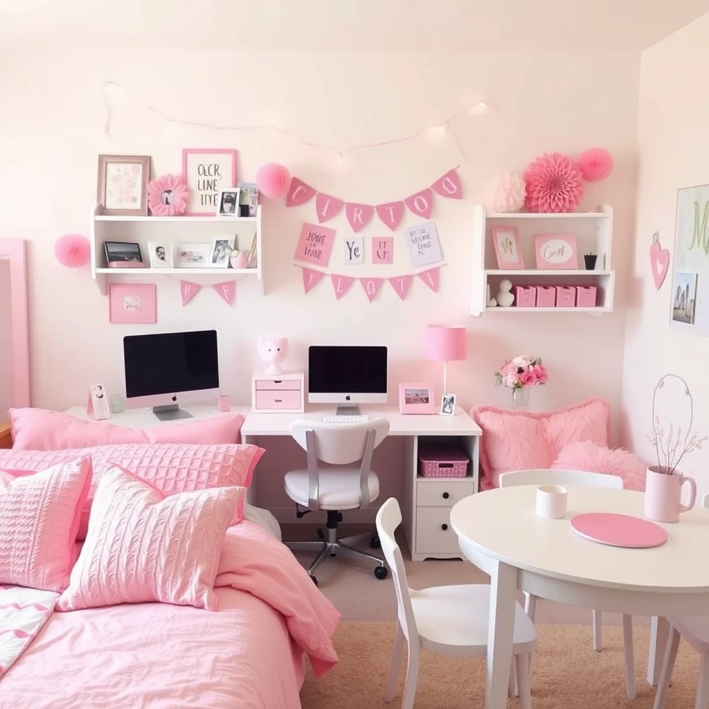 Make a girl's room warm and cozy, with light pink furniture and decorations, a computer, mobile phone, pillows, tables, and chairs. - Image