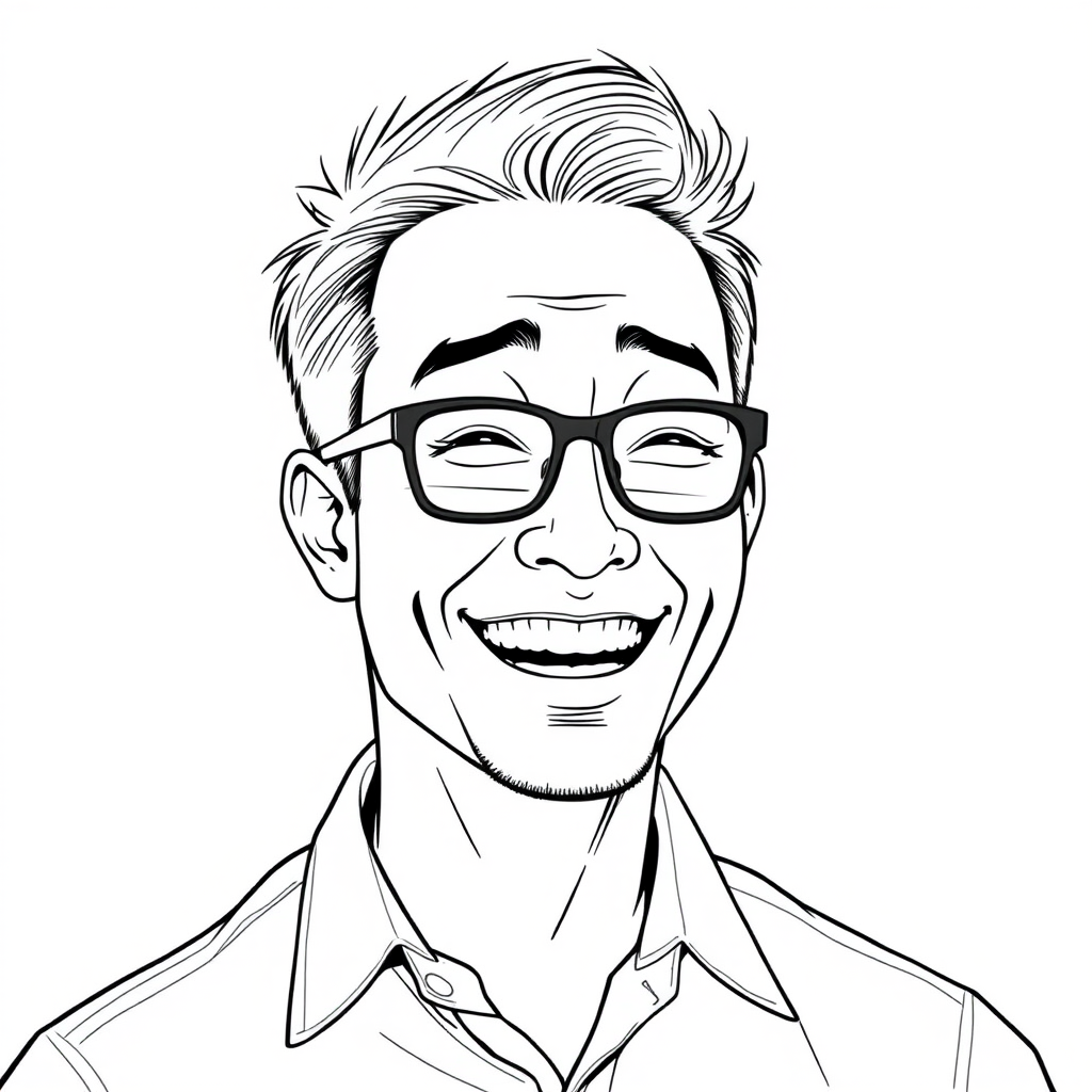 "A cool black and white line drawing of a 35-year-old man, short hair, Asian, wearing black framed glasses with slight nearsightedness, a bit of stubble, in a shirt, with a full face that has defined features, a strong physique, clear and fresh skin, laughing heartily with joy after winning." - Image