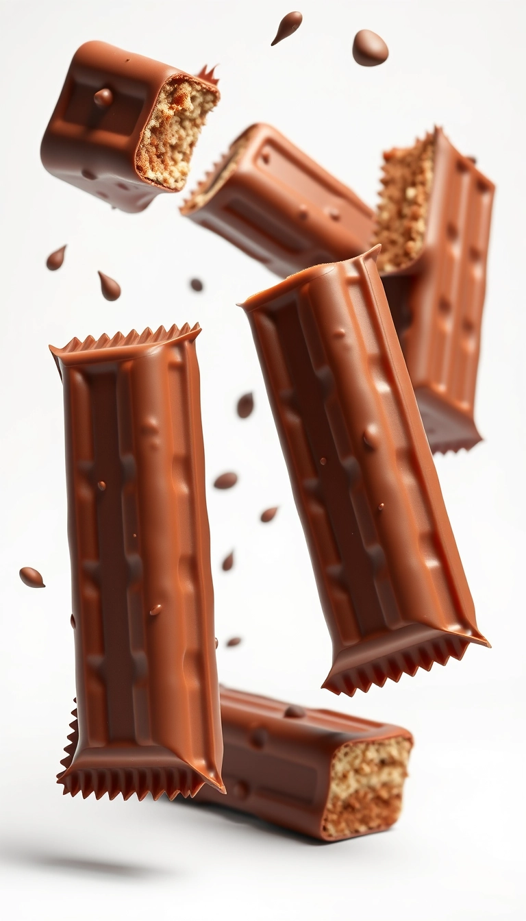 Ultra realistic 3D render, chocolate snack bars. Seamlessly in the air, on seamless white background. - Image