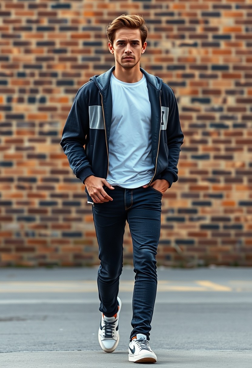 Freddie Prinze head and body shot, handsome, young, serious face, white T-shirt, college jacket, skinny jeans, sneakers, walking hot style, hyper-realistic, street photography, brick wall, full body photo, morning scenery. - Image