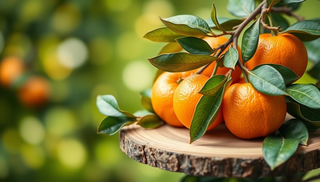 Mandarin fruits, tangerine tree leaves, and a wooden board on a green bokeh background. - Image