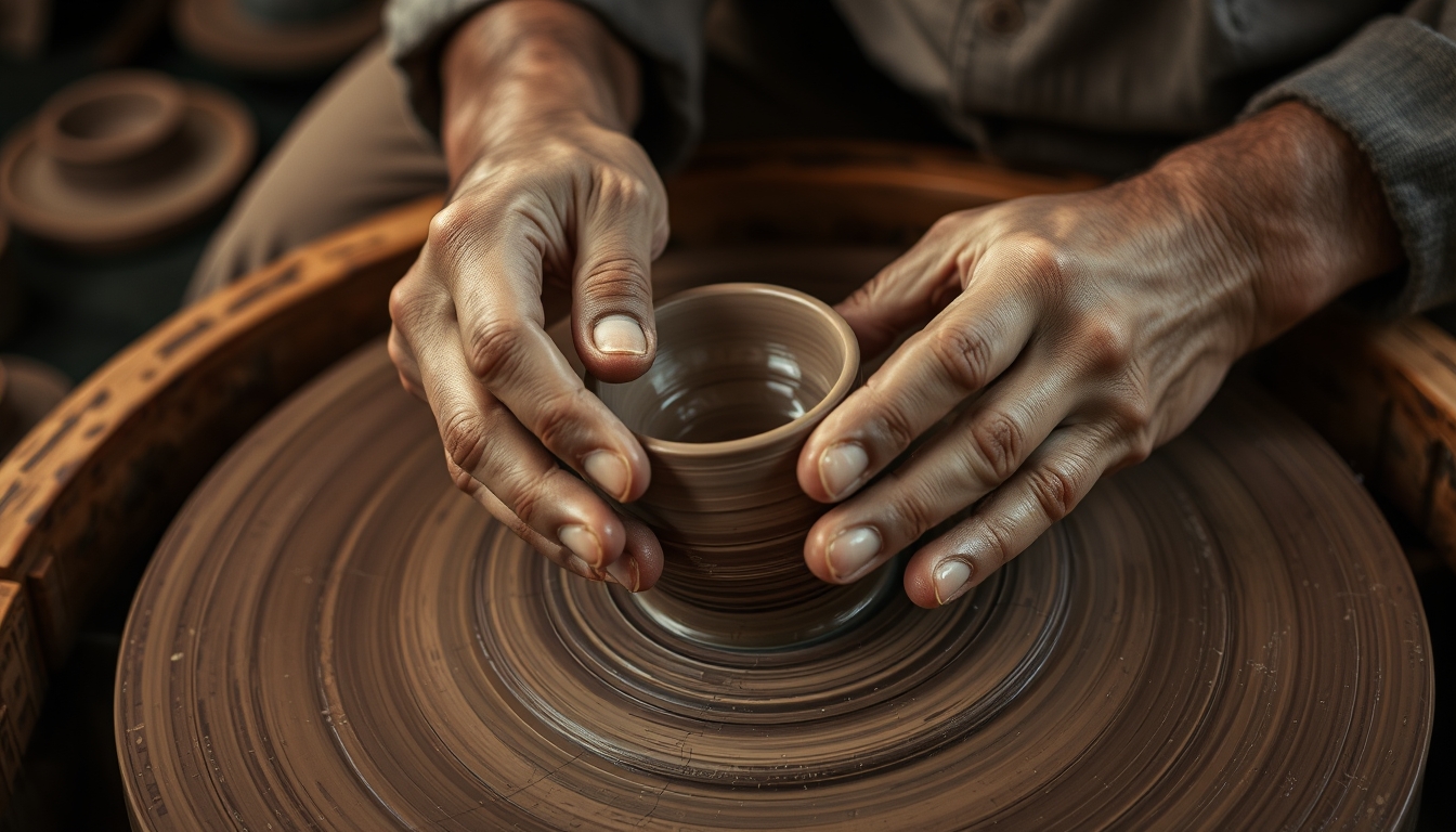 A close-up of a craftsman's hands meticulously shaping a piece of pottery on a spinning wheel, with earthy tones and rich textures.