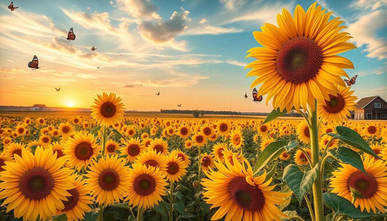 Vibrant, sunflower fields, golden blooms, high quality, photorealistic, summer, cheerful, idyllic, rural, panoramic, breathtaking, butterflies, rural farmhouses, blue skies, windblown fields, rural roads, sunset, floral arrangements. - Image