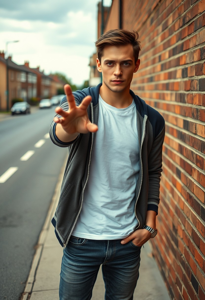 Jamie Dornan head and body shot, handsome, young, serious face, dark brown hair, white T-shirt, college jacket, skinny jeans, sneakers, standing hot style, flirting face, reaching hand, near town road, hyper-realistic, street photography, brick wall, full body photo. - Image