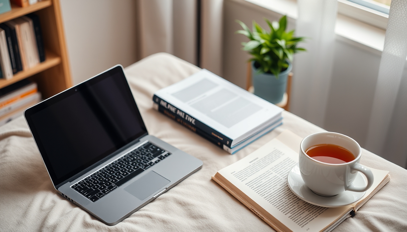 A cozy home study setup with a laptop, textbooks, and a cup of tea, emphasizing the comfort and flexibility of online education.