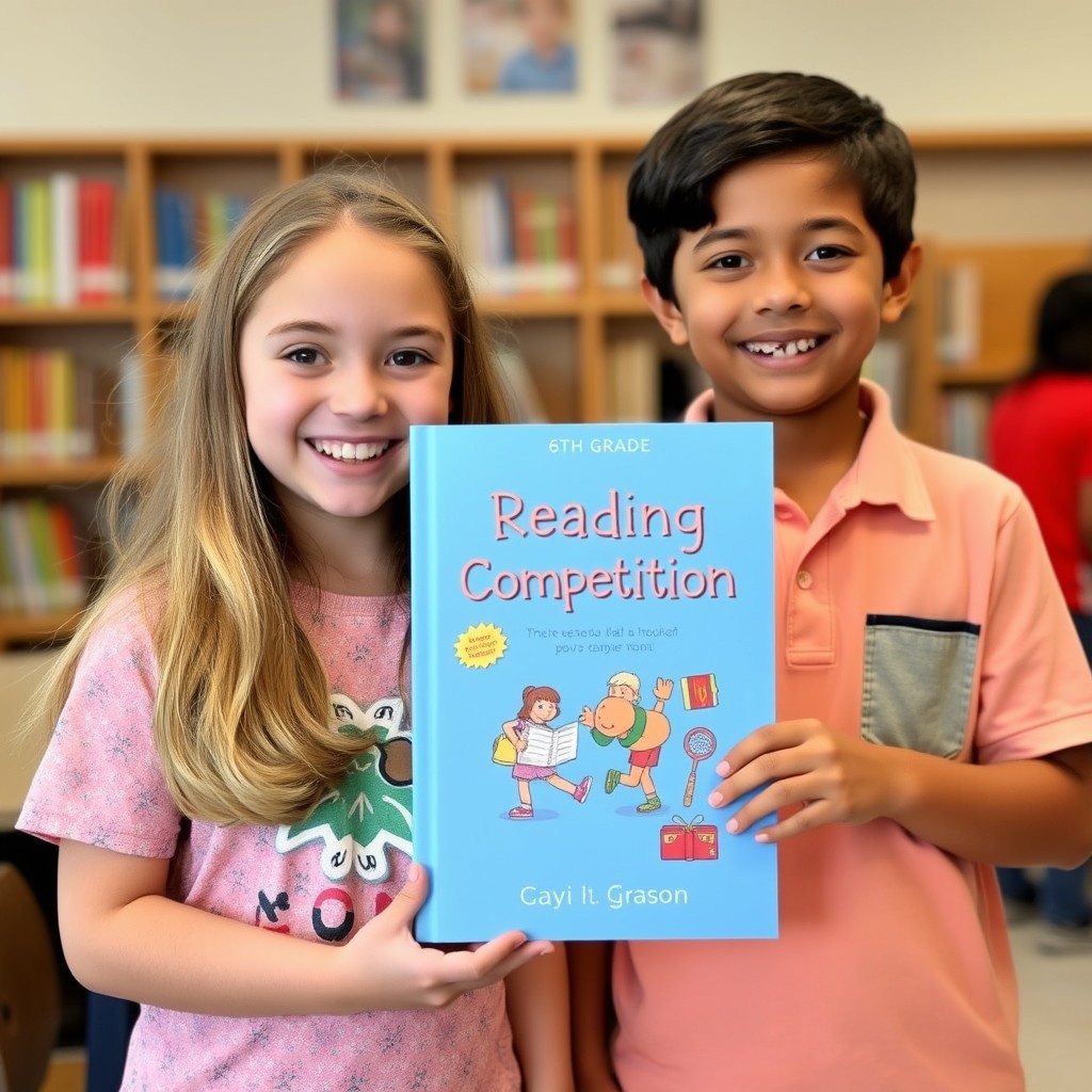 "Create a photo showing a girl and a boy from the 6th grade proudly presenting a book titled 'Reading Competition'."