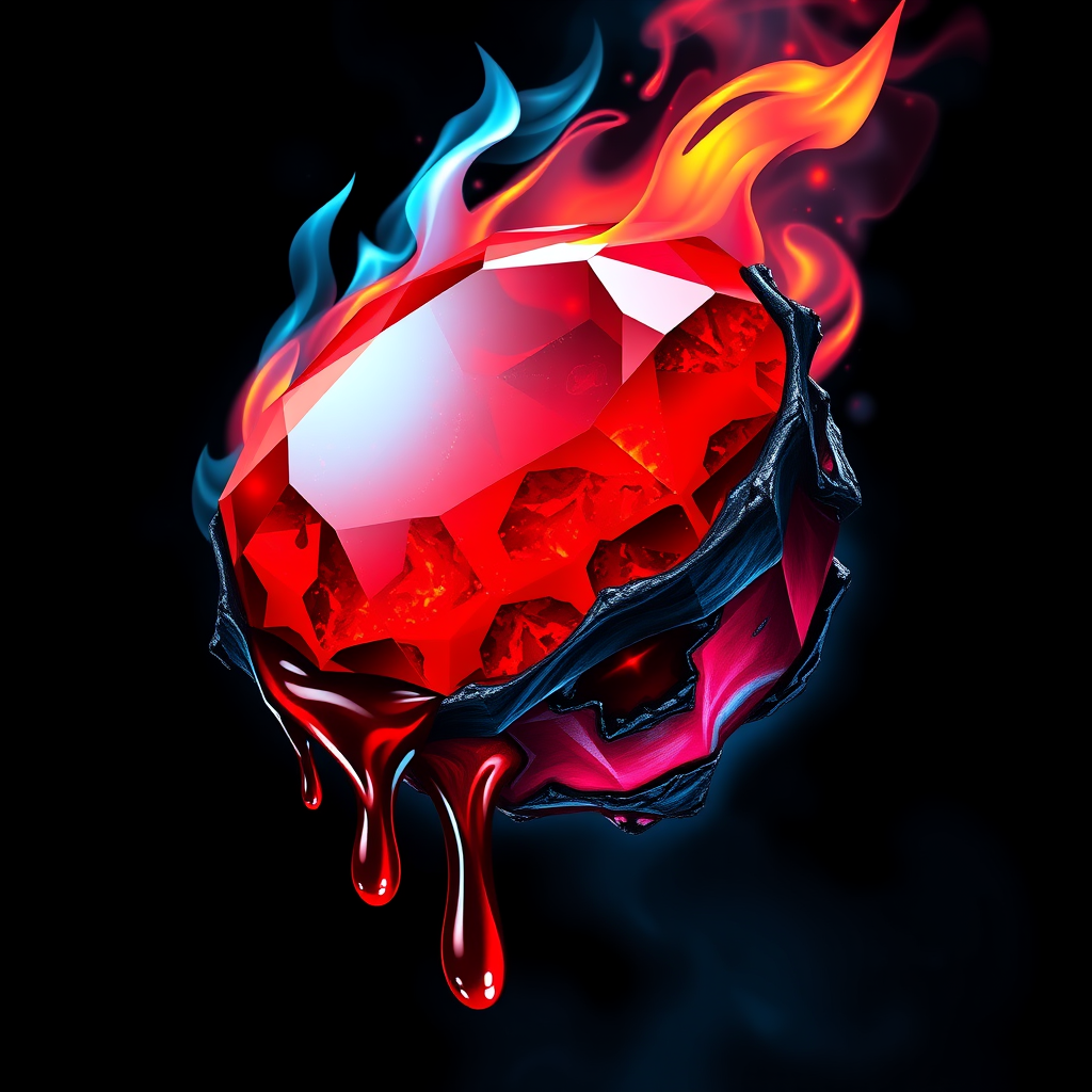 A tee shirt design of a beautiful ruby on fire with beautiful liquid red ruby dripping with flames. The ruby has black char all over it and subtle colorful embers burning in the ruby. Inside of the ruby should be reminiscent of beautiful galaxies perfectly blended with chaos. Striking and otherworldly on a transparent background, the flames should have an outline of a beautiful blue ethereal glow.