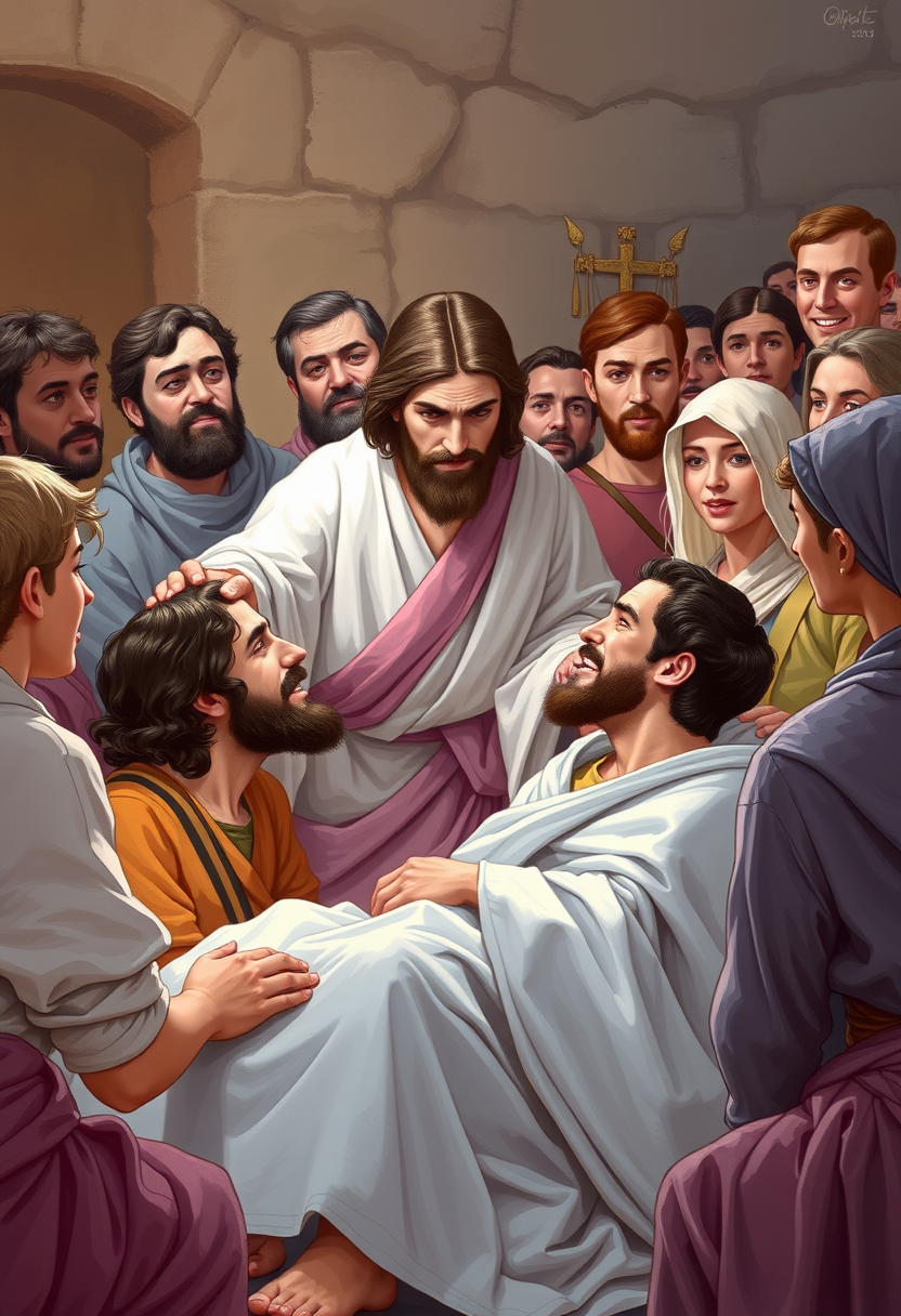 Depict Jesus healing a sick person, surrounded by amazed onlookers, in a warm and compassionate setting.