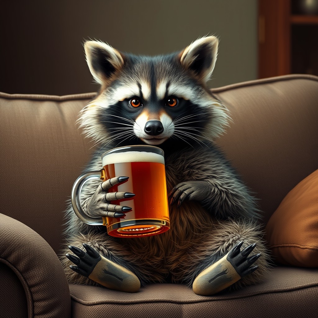 raccoon sits on the couch and holds a mug of beer in his hand, realistic style, realistic photo - Image