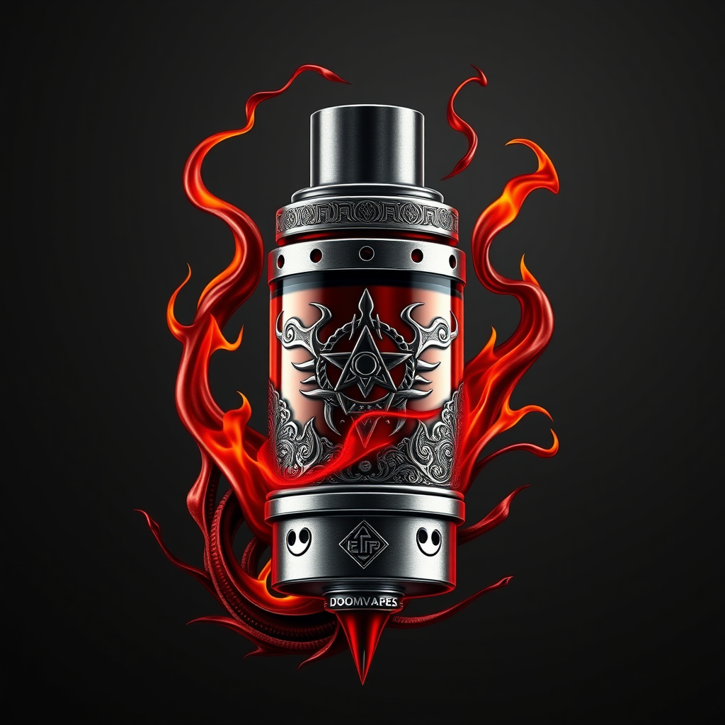 Hyper-realistic logo design for DoomVapes: Intricately detailed metallic vape tank, engraved with infernal motifs. Hellfire wisps curl around the device. Blood-red liquid seeps through cracks. Chthonic symbols etched on sleek surface.