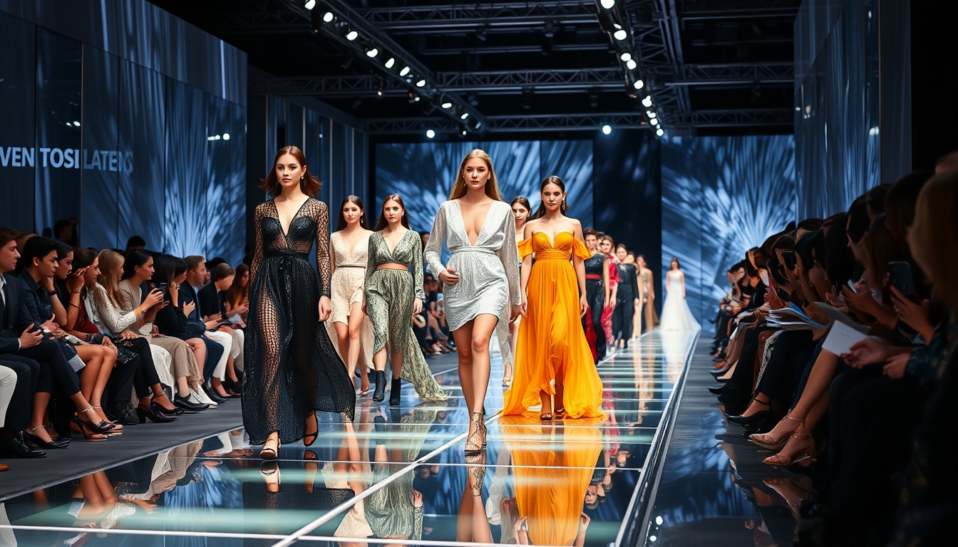 A high-end fashion show with models walking down a glass runway.