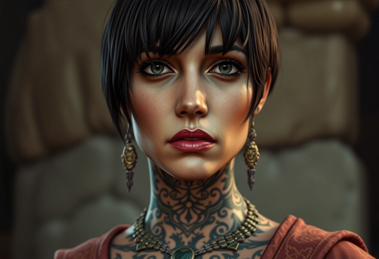 Close-up shot of Evelyn from Baldur's Gate as a real Persian woman having face and neck tattoos and a sad face with short hair and lip gloss.