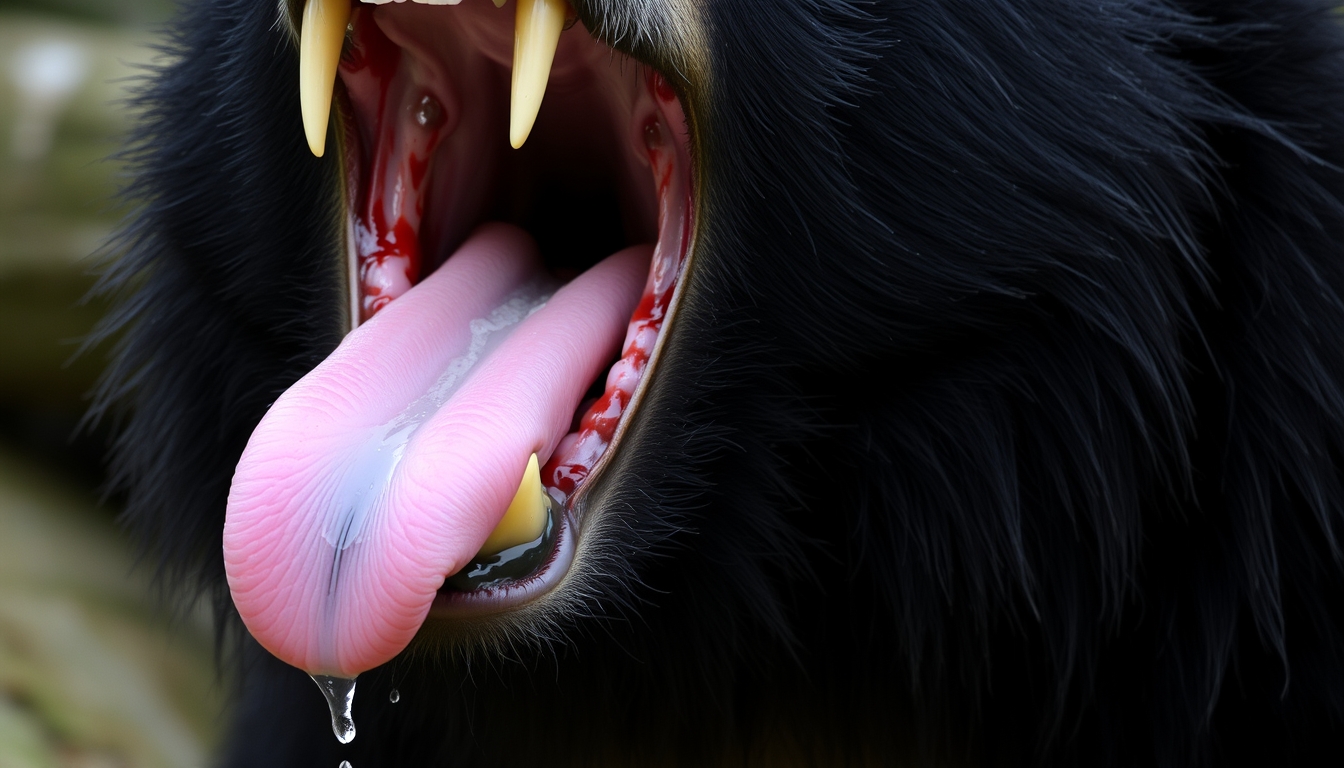 The black bear opens its mouth, which is very large, exposing sharp teeth that are very pointed. The tongue, covered in saliva, is very wet and moistens the fur. - Image