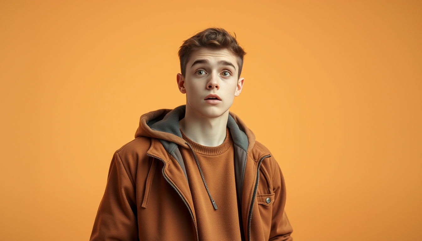 Photo portrait of a pretty young male looking shocked in an empty space, wearing a trendy brown outfit, isolated on a khaki-colored background, 8k UHD, highly detailed. - Image