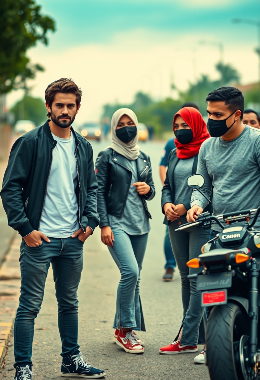 Jamie Dornan and Freddie Prinze, head and body shot, young, serious face, dark brown hair, white T-shirt, collage jacket, skinny jeans, sneakers, standing, discussing with two guys and a short, slim Muslim girl in a red hijab, beautiful eyes, black face mask, black leather jacket, grey long T-shirt, bell-bottom jeans, red sneakers, holding a Canon DSLR camera, near a town road, superbike, hyper-realistic, street photography, full body photo, three other random strangers in the background.