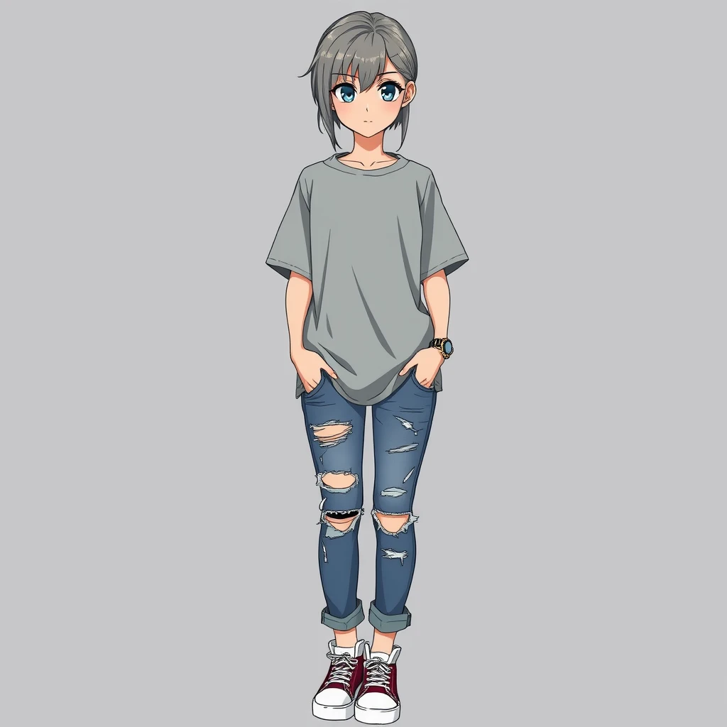 A teenage woman in a grey T-shirt, torn jeans, and Gucci sneakers. Appearance: cool gray hair and large blue eyes, an arrogant look. Anime. Full length. - Image