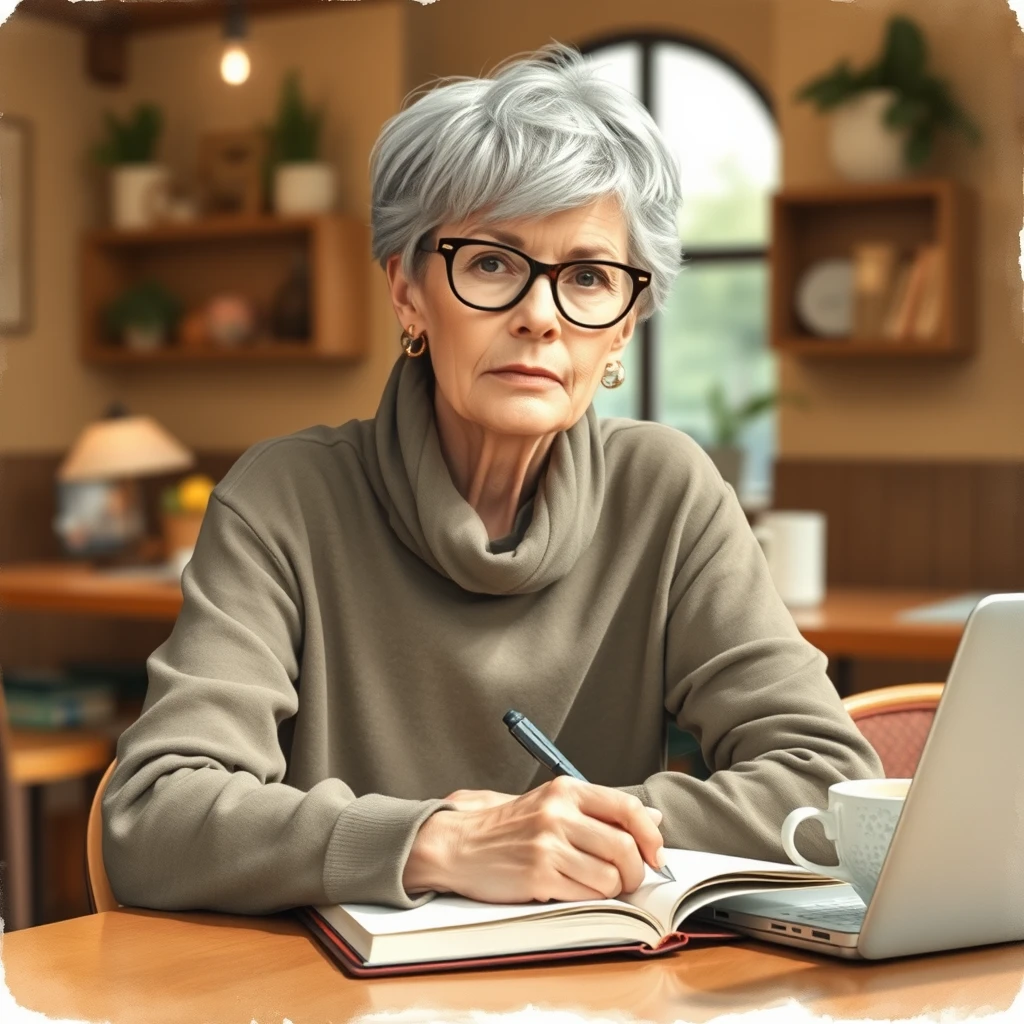 A woman in her 40s, short hair, glasses, comfortable clothes, serious expression, writing in a journal, cozy café, coffee cup and laptop on the table, soft watercolor style