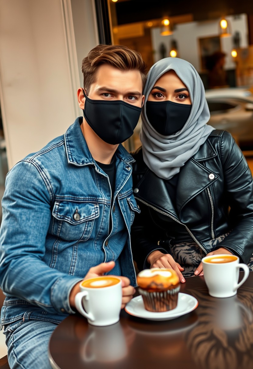 Jamie Dornan's head and body shot, handsome, black face mask, blue denim jacket, jeans, dating a Muslim girl with a grey hijab, beautiful eyes, black face mask, black leather jacket, largest tiger pattern skirt, at a café, two cups of latte, muffin cake on a table, photorealistic, hyper-realistic, street photography, selfie.