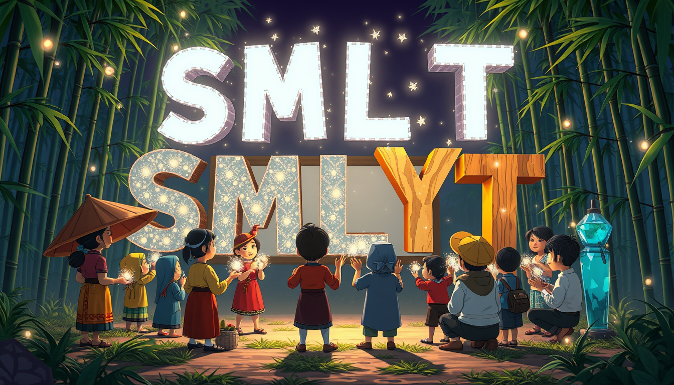 Cartoon style: Vietnamese villagers from various walks of life gather in a clearing surrounded by bamboo groves, facing a glowing screen. Firefly-like lights dance from their palms, converging to form a shimmering "SMLYT" above their heads. The letters are depicted in a bold, cartoon 3D style with exaggerated proportions and vibrant colors. Each letter appears to be made of a different material - metal, wood, crystal, and living plants - with animated textures that continuously shift and change.