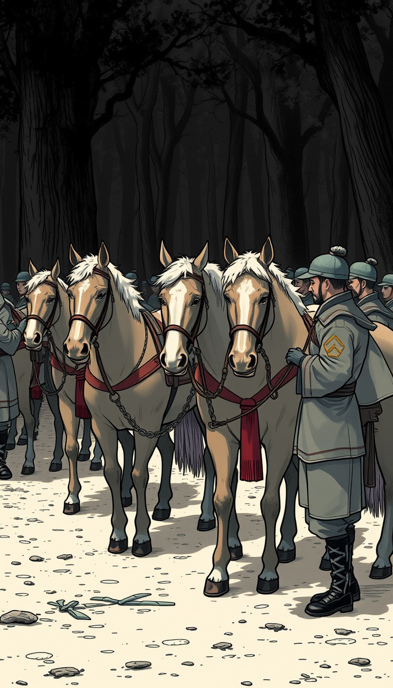 Soldiers, dressed in Song Dynasty uniforms, are shown untying the reins of several older horses. The horses begin to move forward slowly, appearing calm and assured. The shadowy forest background adds a sense of mystery, all rendered in a manga style.